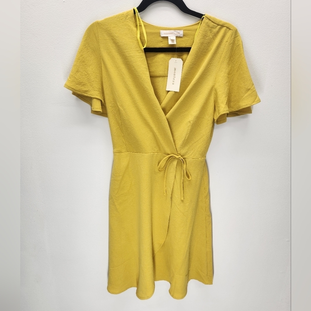 Monteau Ruffle Sleeve Faux Wrap Dress Womens Small Mustard Yellow Sundress New
